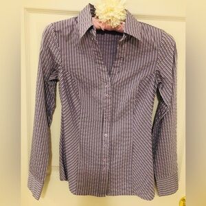 Pinstripe Long Sleeve Form Fitted Blue Blouse with White & Black Pinstripes